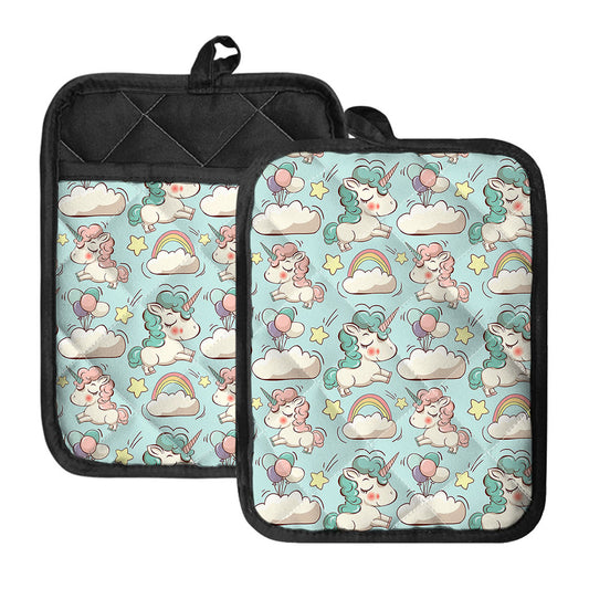 Cute Rainbow Unicorn Pattern Print Pot Holders With Pocket