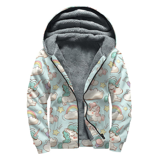 Cute Rainbow Unicorn Pattern Print Sherpa Lined Zip Up Hoodie