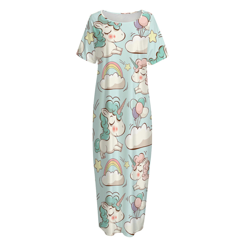 Cute Rainbow Unicorn Pattern Print Short Sleeve Long Nightdress