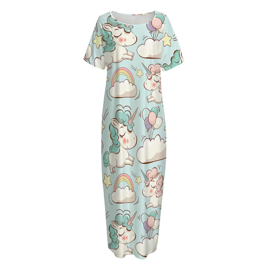 Cute Rainbow Unicorn Pattern Print Short Sleeve Long Nightdress
