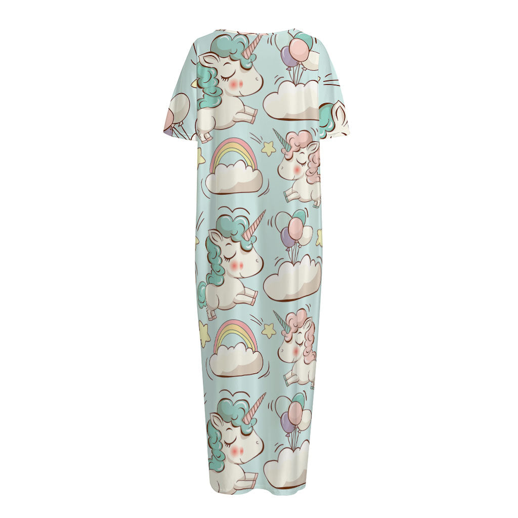 Cute Rainbow Unicorn Pattern Print Short Sleeve Long Nightdress