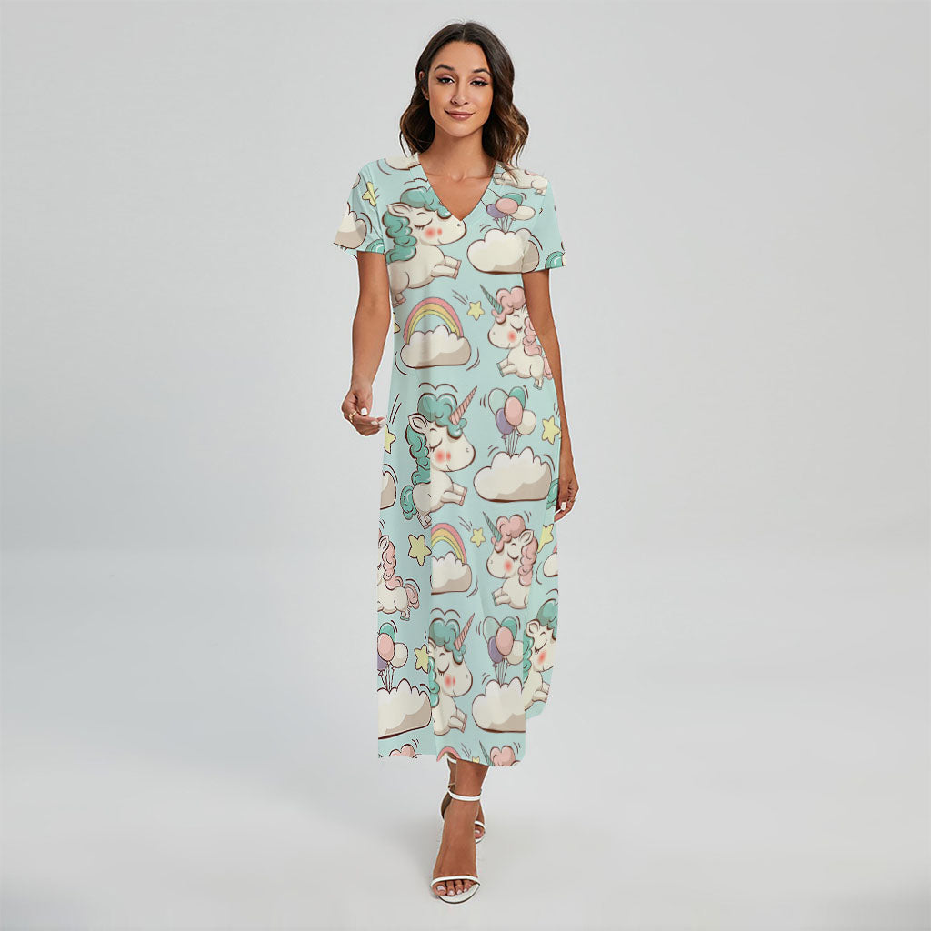 Cute Rainbow Unicorn Pattern Print Short Sleeve Maxi Dress