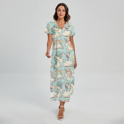 Cute Rainbow Unicorn Pattern Print Short Sleeve Maxi Dress