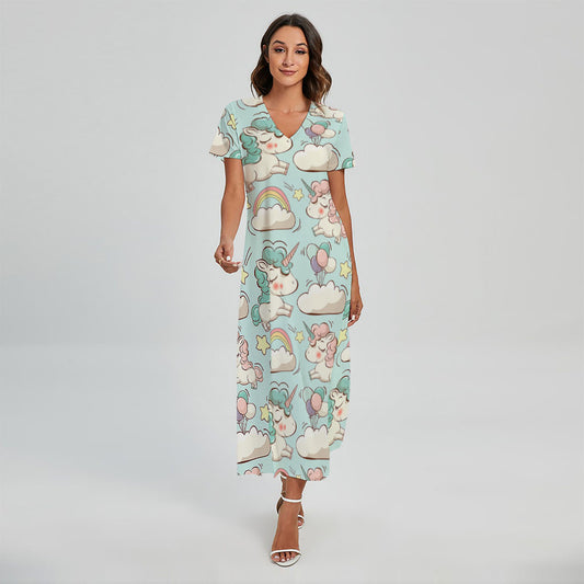 Cute Rainbow Unicorn Pattern Print Short Sleeve Maxi Dress