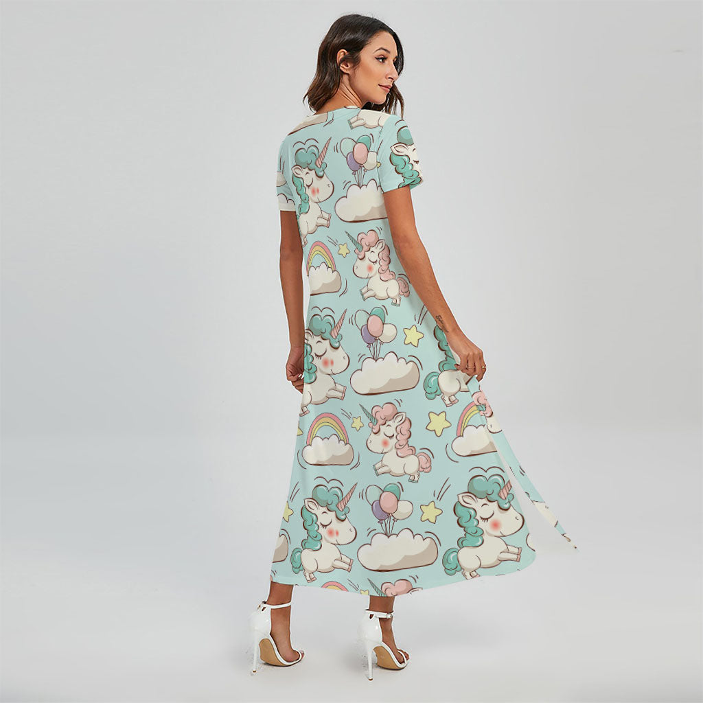 Cute Rainbow Unicorn Pattern Print Short Sleeve Maxi Dress