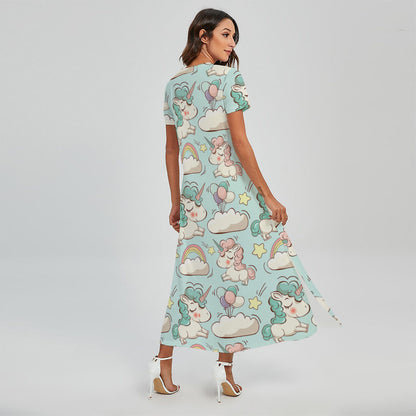 Cute Rainbow Unicorn Pattern Print Short Sleeve Maxi Dress