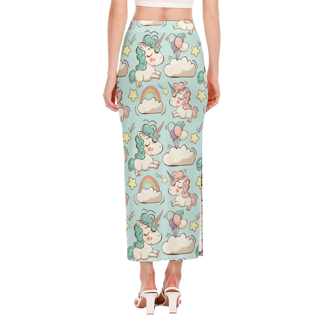 Cute Rainbow Unicorn Pattern Print Side Slit Maxi Skirt