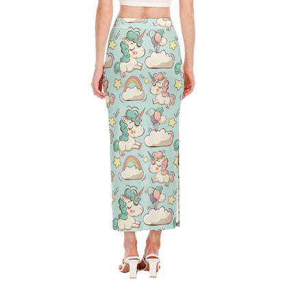 Cute Rainbow Unicorn Pattern Print Side Slit Maxi Skirt