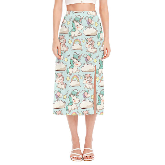 Cute Rainbow Unicorn Pattern Print Side Slit Midi Skirt