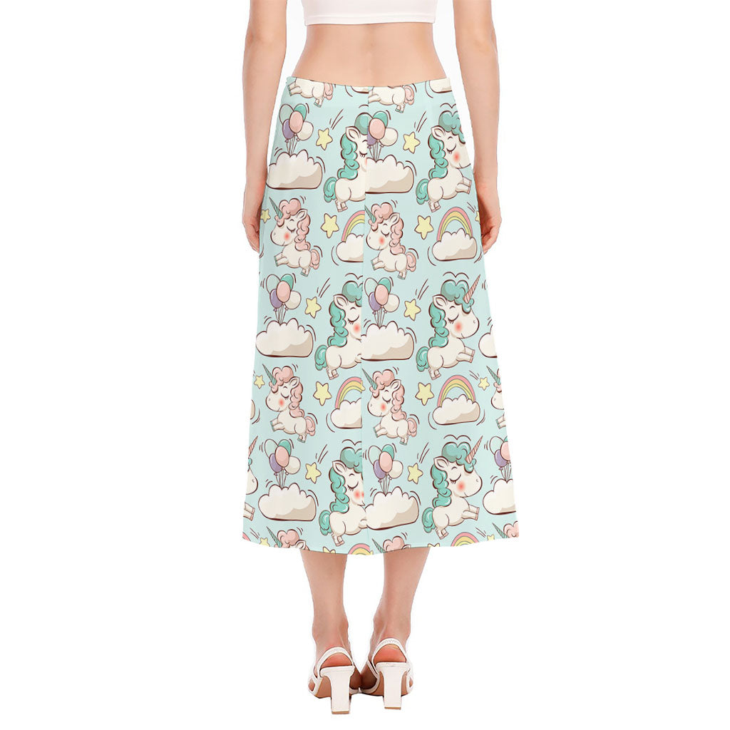Cute Rainbow Unicorn Pattern Print Side Slit Midi Skirt