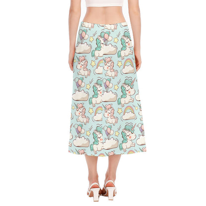 Cute Rainbow Unicorn Pattern Print Side Slit Midi Skirt