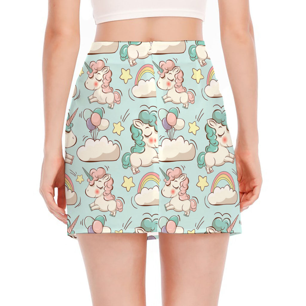 Cute Rainbow Unicorn Pattern Print Side Slit Mini Skirt