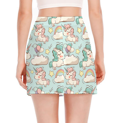 Cute Rainbow Unicorn Pattern Print Side Slit Mini Skirt