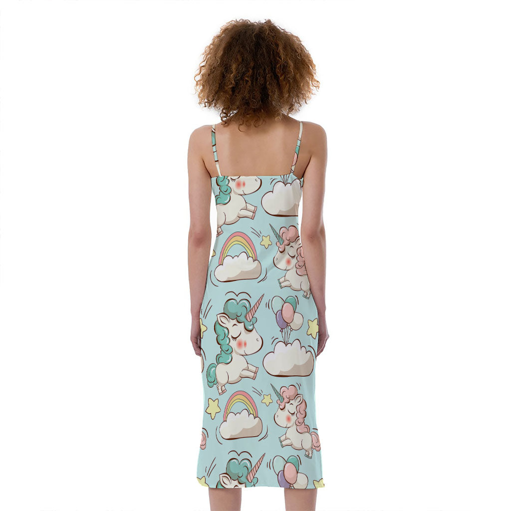Cute Rainbow Unicorn Pattern Print Slim Fit Midi Cami Dress