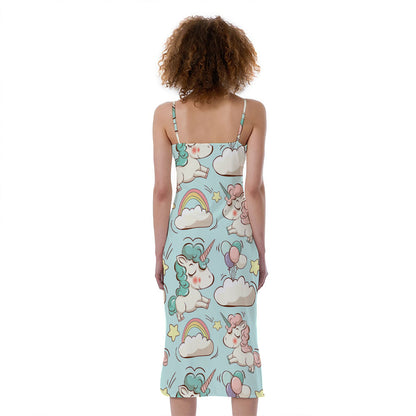 Cute Rainbow Unicorn Pattern Print Slim Fit Midi Cami Dress