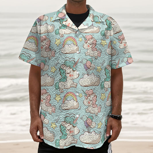 Cute Rainbow Unicorn Pattern Print Textured Short Sleeve Shirt