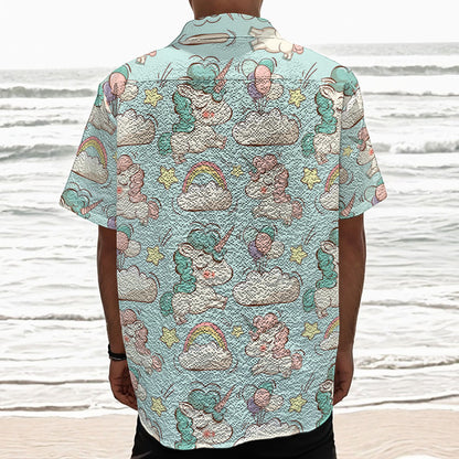Cute Rainbow Unicorn Pattern Print Textured Short Sleeve Shirt