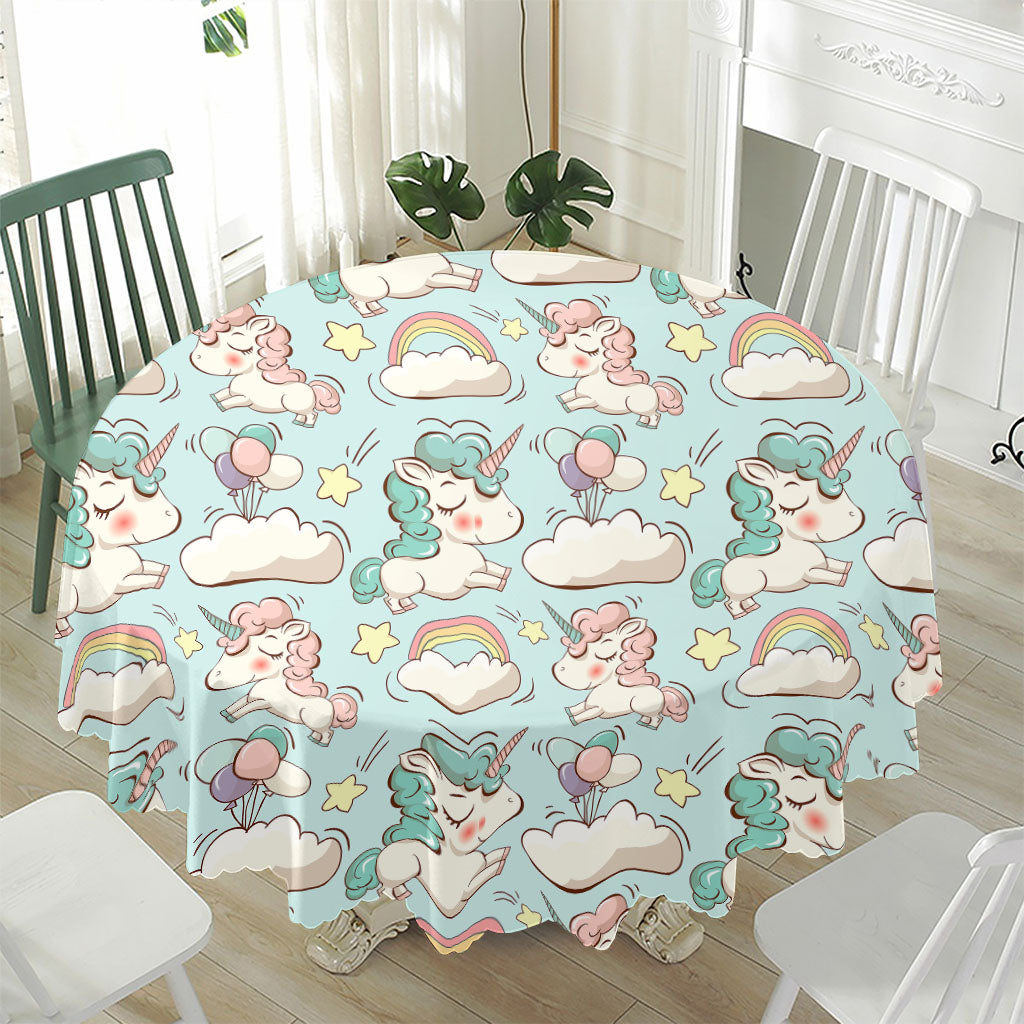 Cute Rainbow Unicorn Pattern Print Waterproof Round Tablecloth