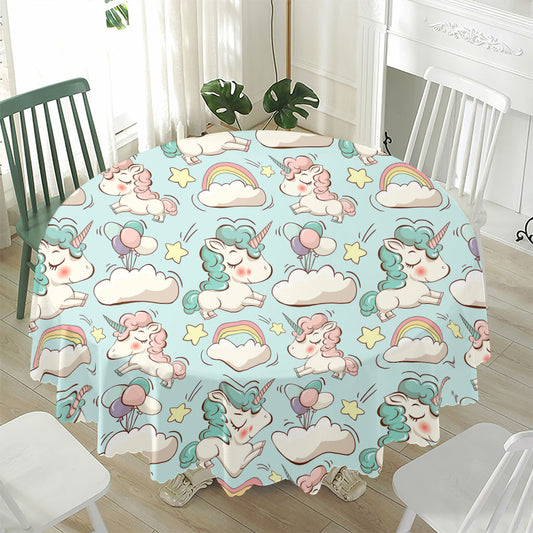 Cute Rainbow Unicorn Pattern Print Waterproof Round Tablecloth