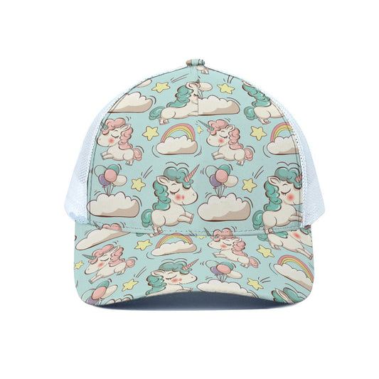 Cute Rainbow Unicorn Pattern Print White Mesh Trucker Cap