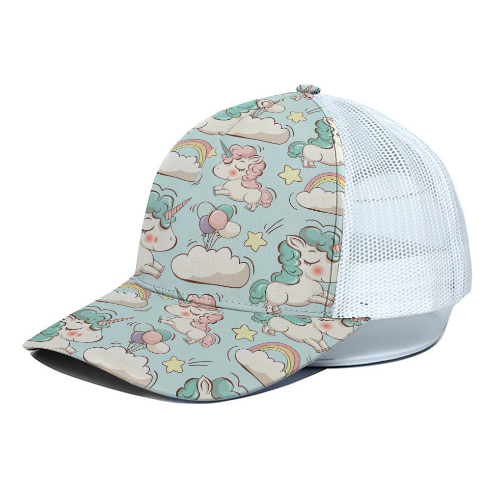 Cute Rainbow Unicorn Pattern Print White Mesh Trucker Cap