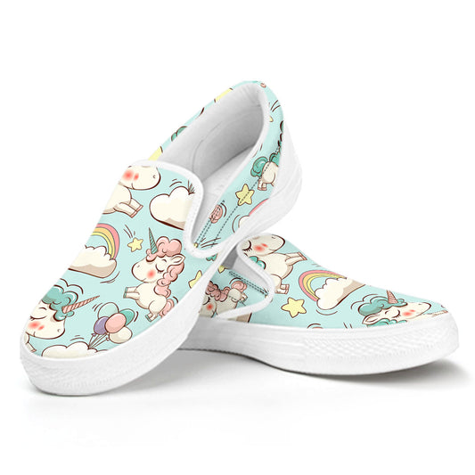 Cute Rainbow Unicorn Pattern Print White Slip On Sneakers