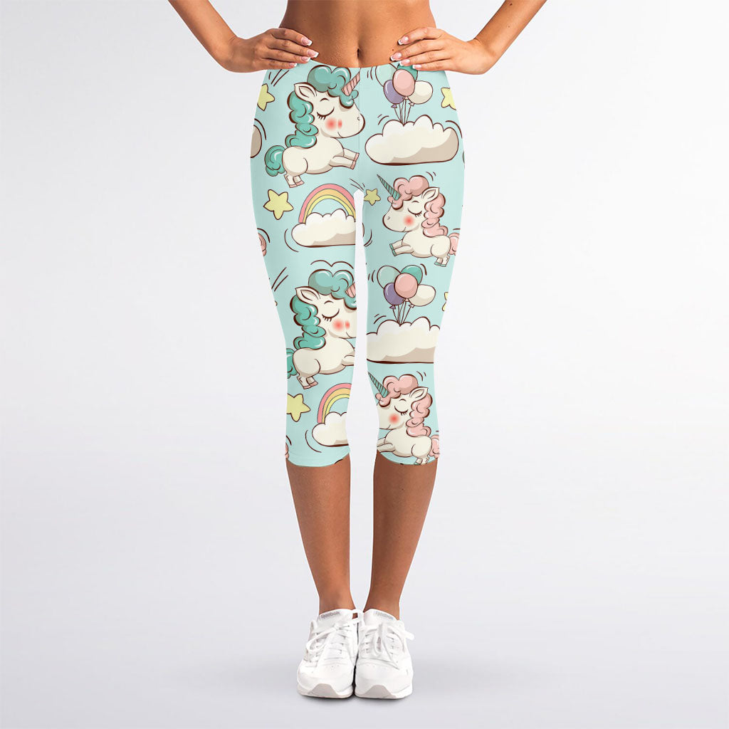 Cute Rainbow Unicorn Pattern Print Women's Capri Leggings