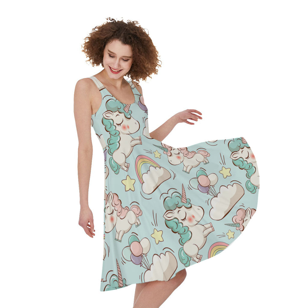Cute Rainbow Unicorn Pattern Print Women's Sleeveless Dress