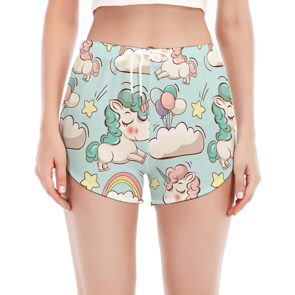 Cute Rainbow Unicorn Pattern Print Women's Split Running Shorts