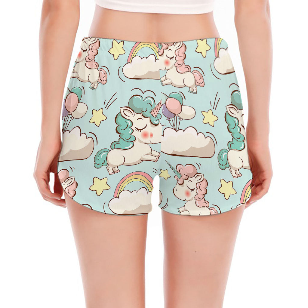 Cute Rainbow Unicorn Pattern Print Women's Split Running Shorts