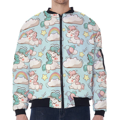 Cute Rainbow Unicorn Pattern Print Zip Sleeve Bomber Jacket