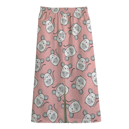 Cute Rat Pattern Print Cotton Front Slit Maxi Skirt