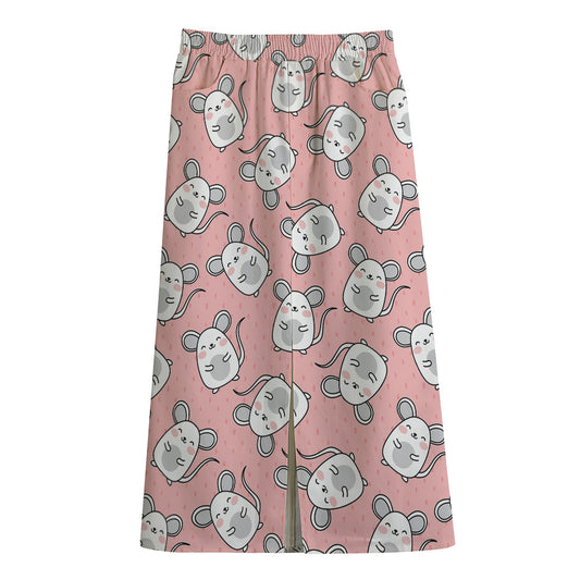 Cute Rat Pattern Print Cotton Front Slit Maxi Skirt