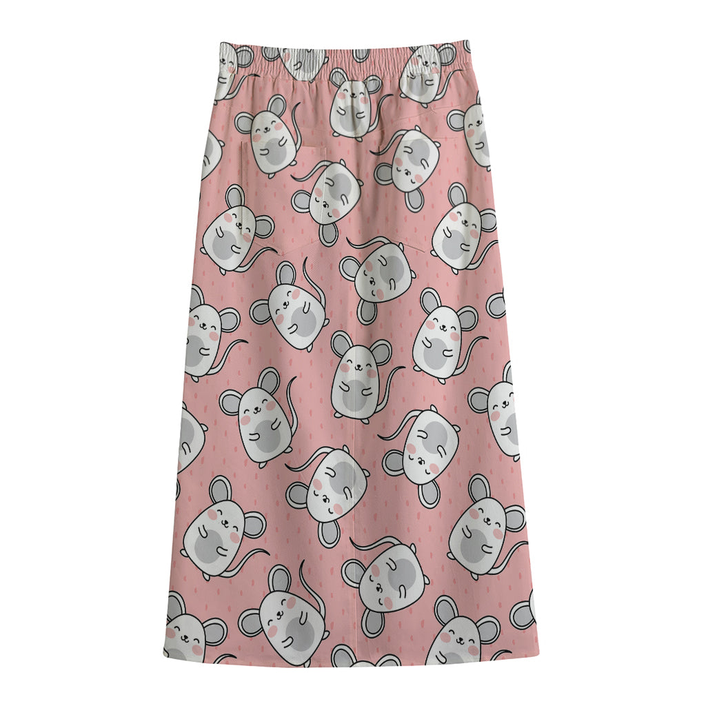 Cute Rat Pattern Print Cotton Front Slit Maxi Skirt