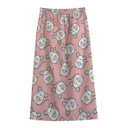 Cute Rat Pattern Print Cotton Front Slit Maxi Skirt