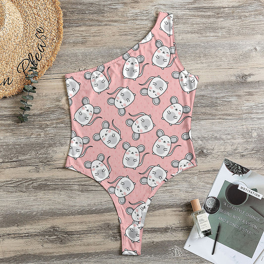 Cute Rat Pattern Print One Shoulder Bodysuit