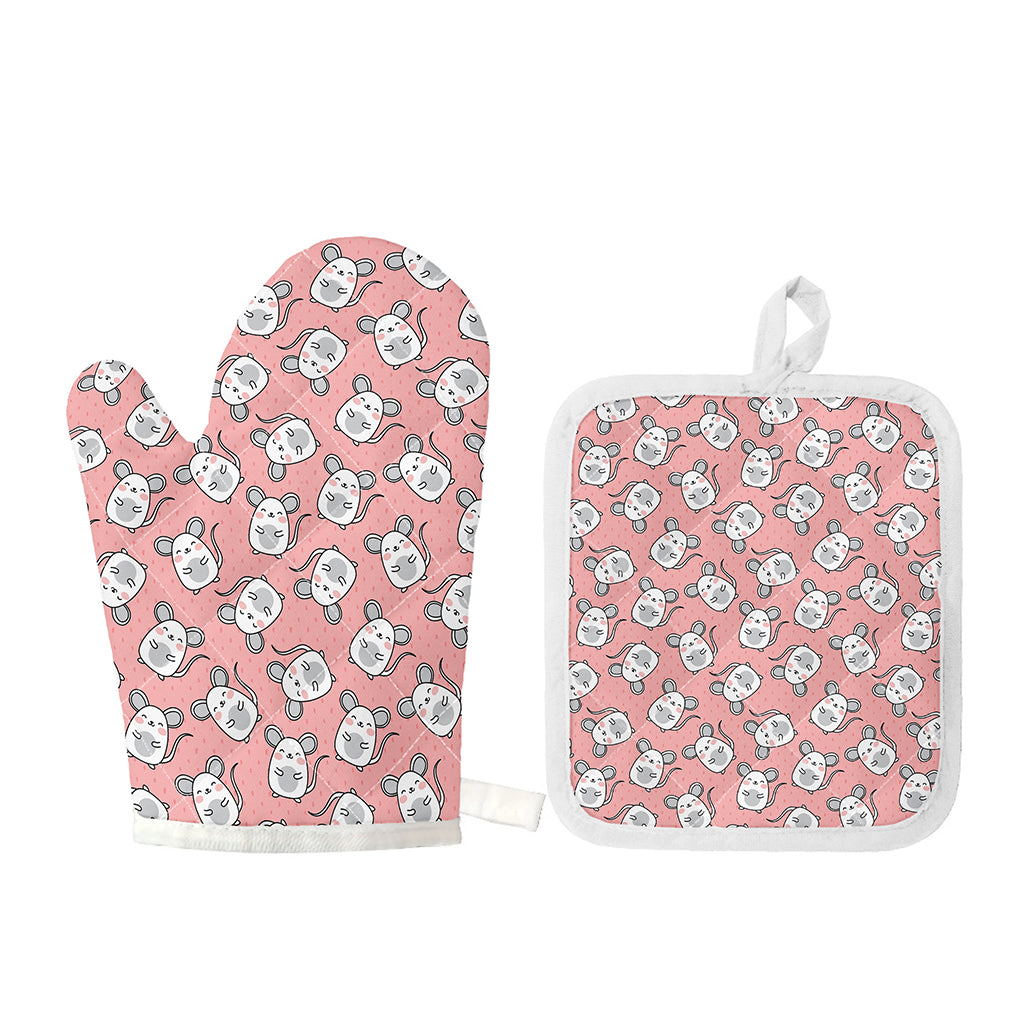 Cute Rat Pattern Print Oven Mitt And Pot Holder Set