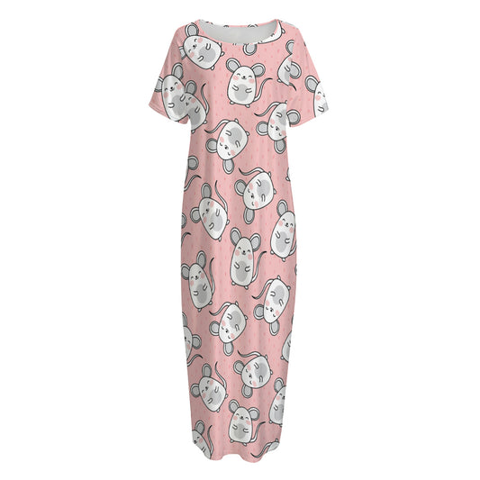Cute Rat Pattern Print Short Sleeve Long Nightdress