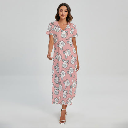Cute Rat Pattern Print Short Sleeve Maxi Dress