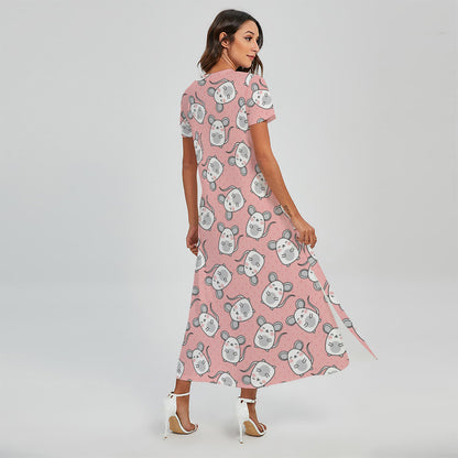 Cute Rat Pattern Print Short Sleeve Maxi Dress