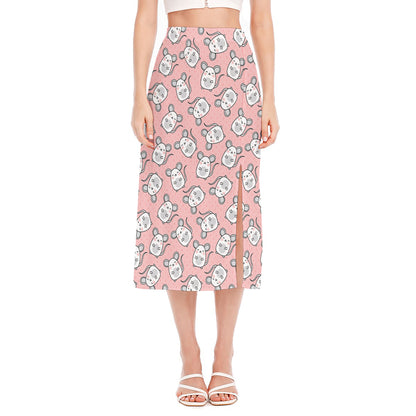 Cute Rat Pattern Print Side Slit Midi Skirt