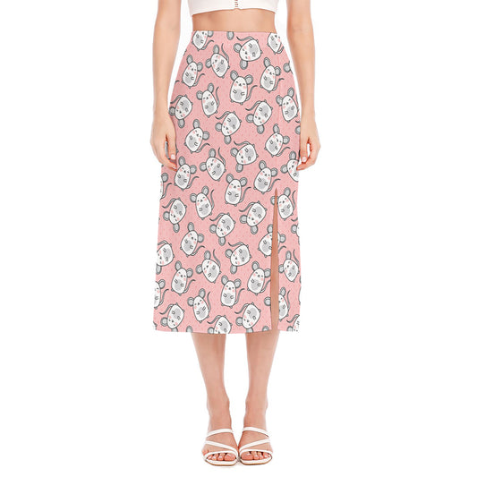 Cute Rat Pattern Print Side Slit Midi Skirt