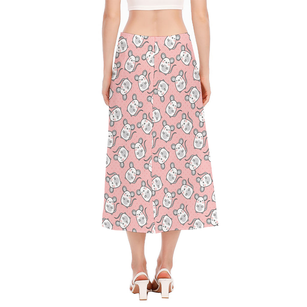 Cute Rat Pattern Print Side Slit Midi Skirt
