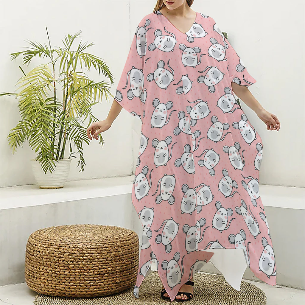 Cute Rat Pattern Print Silk V-Neck Kaftan Dress