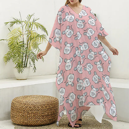 Cute Rat Pattern Print Silk V-Neck Kaftan Dress