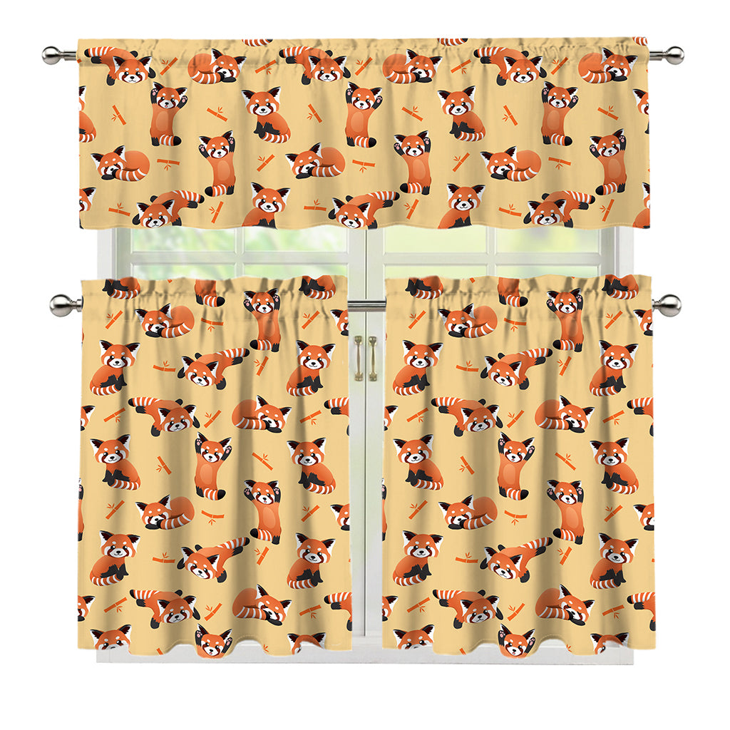 Cute Red Panda And Bamboo Pattern Print 3 Piece Kitchen Curtains