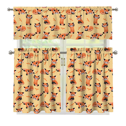 Cute Red Panda And Bamboo Pattern Print 3 Piece Kitchen Curtains