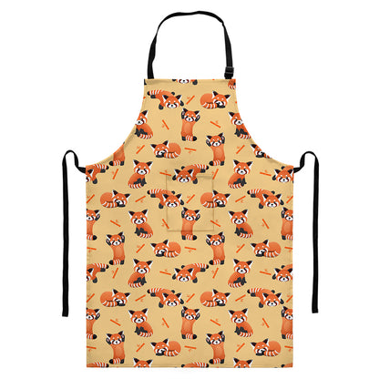 Cute Red Panda And Bamboo Pattern Print Bib Apron With Pocket