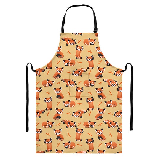 Cute Red Panda And Bamboo Pattern Print Bib Apron With Pocket