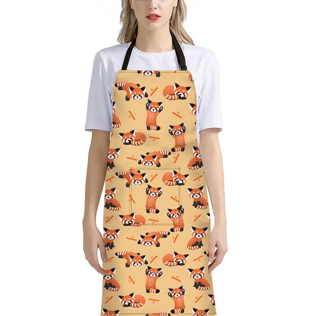 Cute Red Panda And Bamboo Pattern Print Bib Apron With Pocket